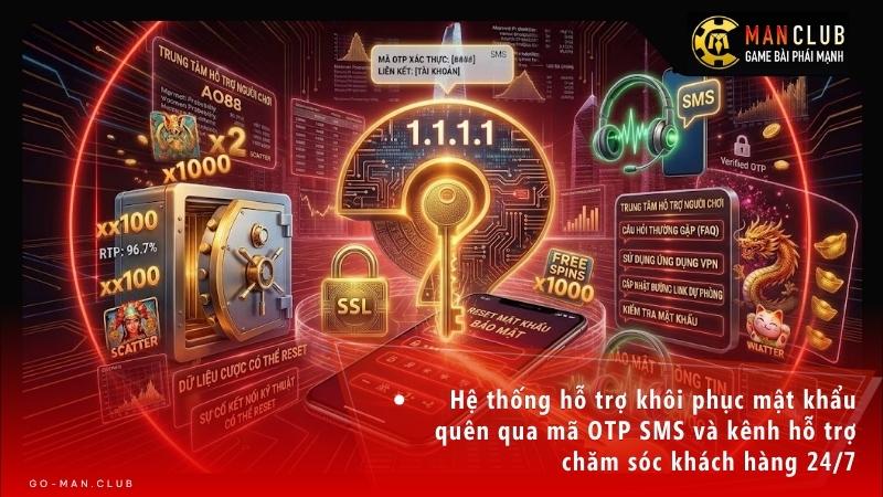 Hệ thống hỗ trợ khôi phục mật khẩu quên qua mã OTP SMS và kênh hỗ trợ chăm sóc khách hàng 24/7.